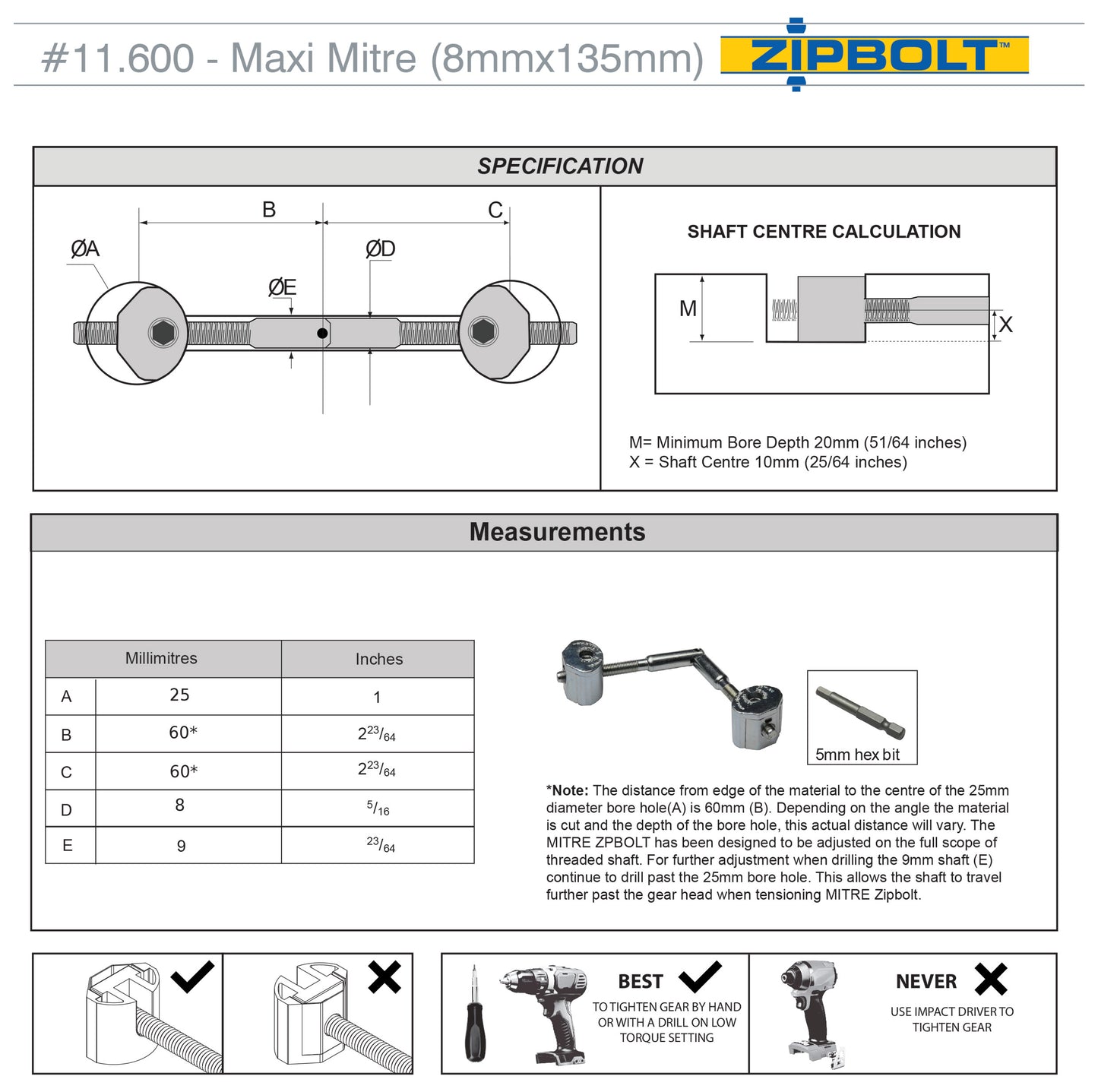Zipbolt Maxi Miter 8mm x 135mm (11.600) 2 Pack